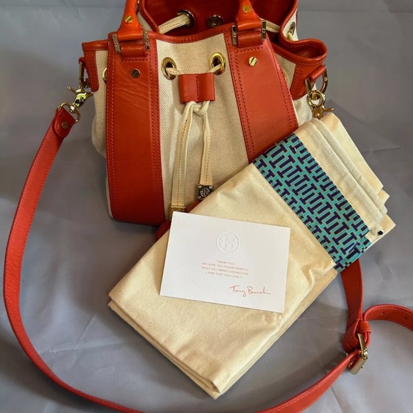 Tory Burch Leather Canvas Bucket HandBag Drawstring Tote Orange Beige Gold - Picture 7 of 13